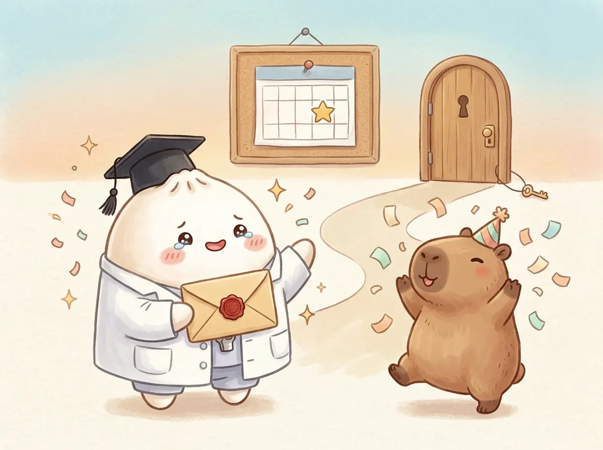 团子举着录取信封，卡皮巴拉撒彩纸庆祝